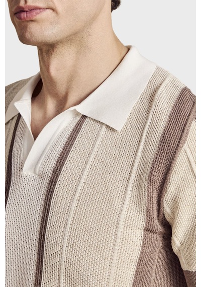 Brooks Brothers Düğmesiz Çizgili Keten Karışımlı Kısa Kollu Polo Yaka Kazak Erkek Polo Yaka Kazak Bbss26mkl008463 Vizon-ekru-beyaz