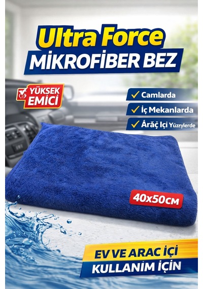 Ultra Force Mikrofiber Temizlik Bezi 40x50 Yüksek Emici Ev Ve Araç İçi Mavi