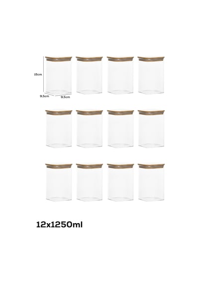 Porsima 6-4 Bambu Vakumlu Kapaklı Kare Borsilikat Cam 12li Kavanoz Seti Saklama Kabı 1250ml 9,5x15cm