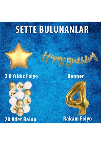 Gold Konsept 4 Yaş Doğum Günü Kutlama Seti; Beyaz Gold Konfetili Balon, Rakam Yıldız Folyo ve Banner