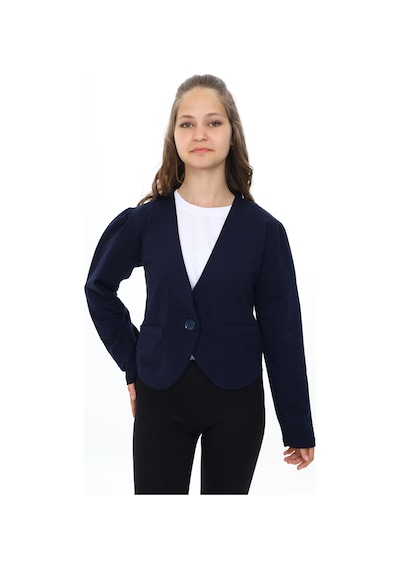 Toontoy Kız Çocuk V Yaka Blazer Kapama Cepli Düşük Omuz Örme Okul Hırkası - 2 İplik Lacivert