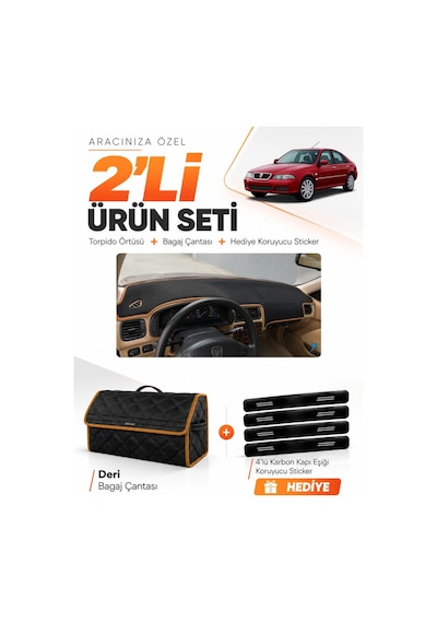 Rover 45 1999-2005 Uyumlu Torpido Örtüsü + Deri Bagaj Çantası + Sticker Seti - Siyah Kahverengi