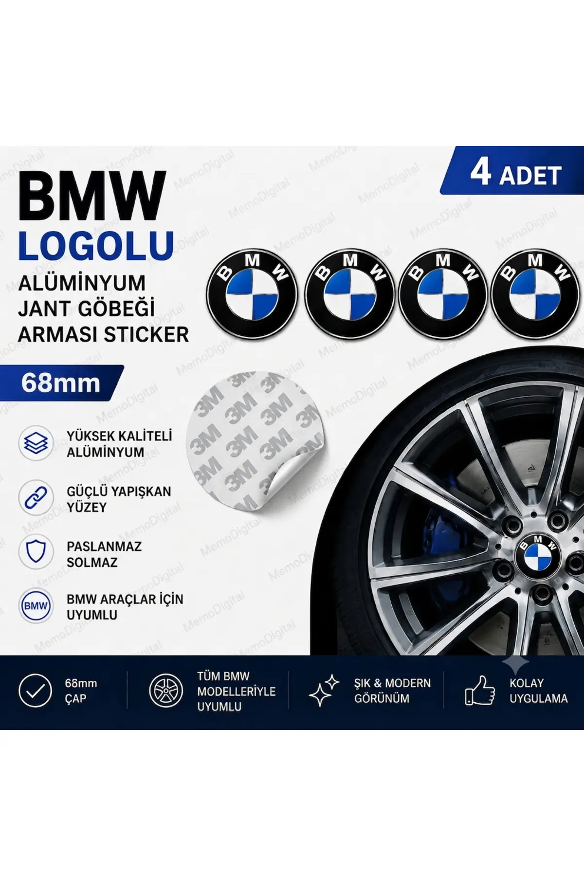 Bmw Uyumlu Alüminyum Jant Göbeği Arması Sticker 68mm - 4 Adet
