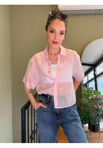 Ali Butik Pembe Şifon Crop Gömlek