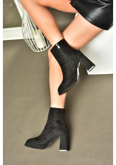 Fox Shoes R282230202 Siyah Süet Kalın Topuklu Kadın Bot Siyah