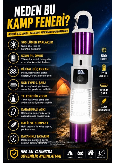 Şarjlı Kamp Feneri Usb Type-c 500 Lümen Dijital Pil Göstergeli Led El Feneri Zoomlu Kamp Ve Acil Dur Çok Renkli