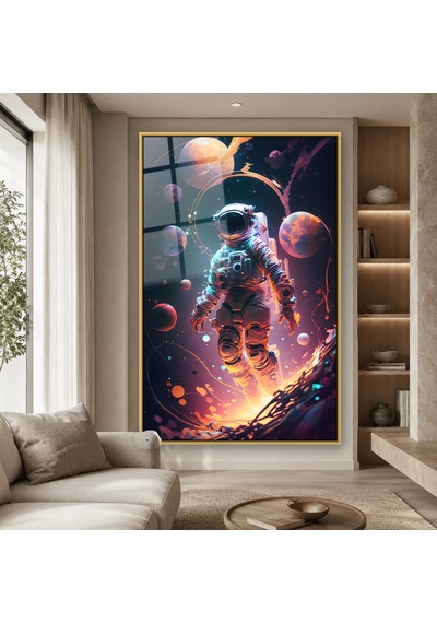 Gezegenler Arasında Işıklı Astronot Gold Çerçeveli Cam Tablo