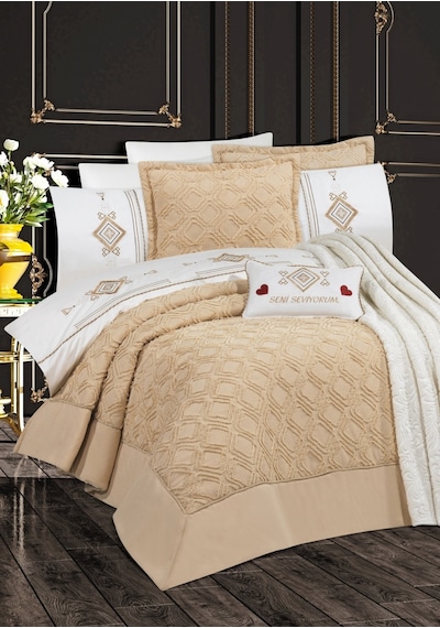 Goldroom Aysima 11 Parça Nakışlı Nevresim Takımlı Çeyiz Seti Vizon