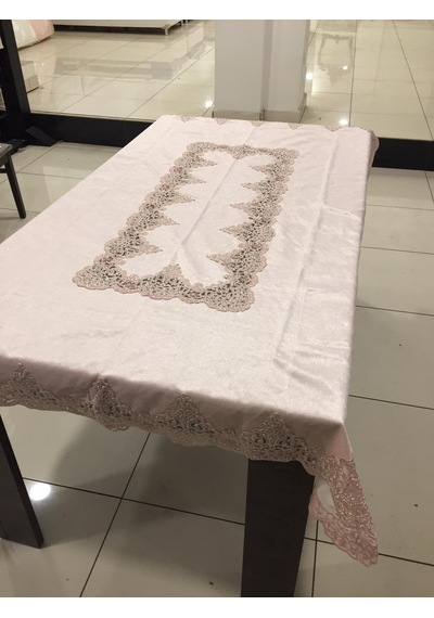 Almila Home Fransız Dantel Kadife 140X180 Masa Örtüsü Pudra D15