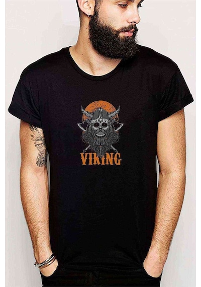 Viking Zombie Illustration With Moon Viking Baskılı Siyah Erkek