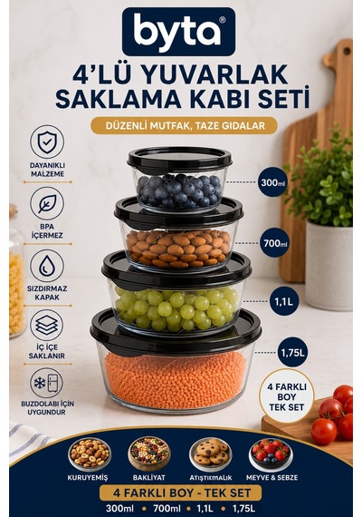 4'lü Yuvarlak Saklama Kabı Seti 300 Ml + 700 Ml + 1,1 L + 1,75 L Kapaklı Şeffaf Gıda Saklama Kabı Bpa'sız Organizer Siyah