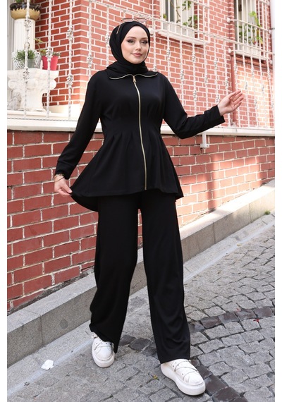 Balenbi Kadın Oversize Kesim Beli Pileli Ful Fermuarlı Modal Takım 1235 Siyah