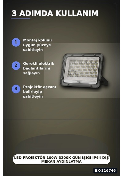 Led Projektör 100w 3200k Gün Işığı Ip64 Dış Mekan Aydınlatması 8200 Lümen 1 Adet Bx-316746