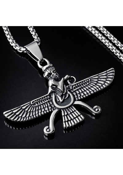 Antik Pers Sembolü Ahura Mazda Faravahar Erkek Çelik Kolye Gümüş