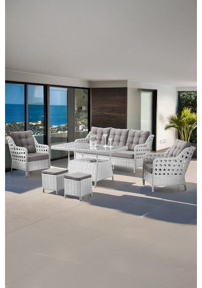 Canisa Antoryum Serisi 1. Sınıf 3+1+1+2 Puf Beyaz Rattan, Gri Minder Bahçe Balkon Oturma Koltuk Takımı Canisa Antoryum Serisi 1. Sınıf 3+1+1+2 Puf Beyaz Rattan, Gri Minder Bahçe Balkon Oturma Koltuk Takımı