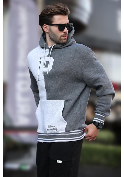 Madmext Antrasit Renk Bloklu Kapüşonlu Baskılı Erkek Sweatshirt 7078 Antrasit