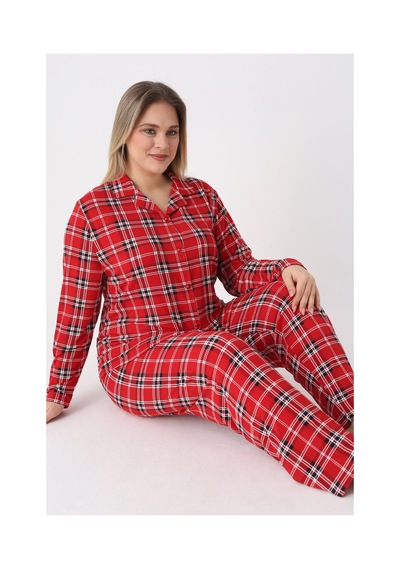 Estiva Kadın Kareli Kırmızı Önden Düğmeli Soft Battal Pijama Takımı Çok renkli