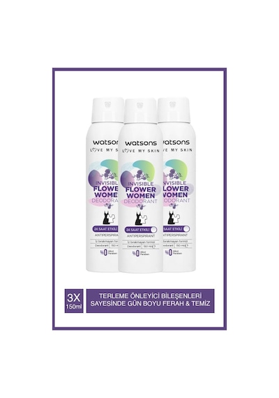 Watsons Invisible Flower 24 Saat Etkili Kadın Sprey Deodorant 3 x 150 ML
