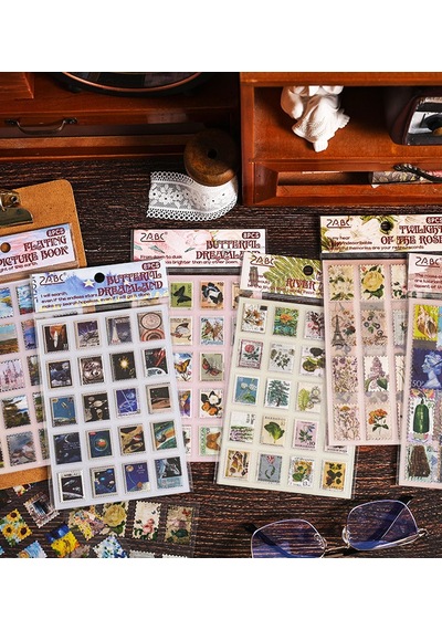 Vintage Pul Desenli Sticker Seti 4 Sayfa Scrapbook Etiketi 1