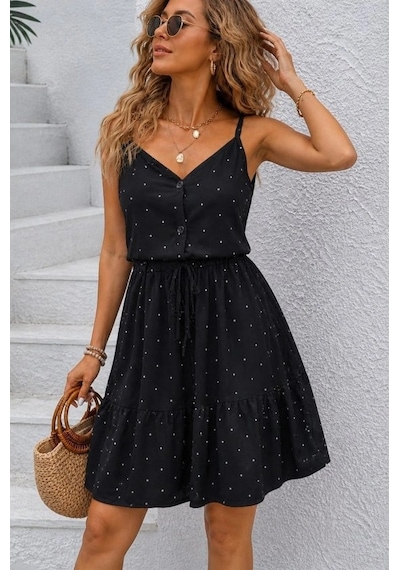 Defymoda Kadın Ip Askılı V Yakalı Düğmeli Desenli Kısa Süprem Elbise Siyah