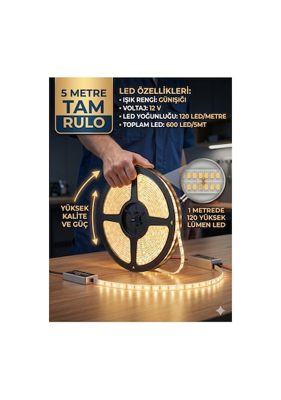 5mt Günışığı 3000k , Şerit Led ,mutfak Dolabı Tezgah Aydınlatması Led,1 Metrede 120 Led Yüksek Lümen,12v ,yapışkanlı Led Işık Trafo Hariç Günışığı-3000k