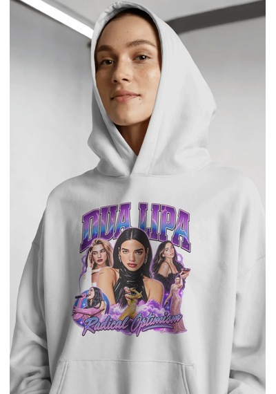 Sevbano Dua Lipa Şarkıcı Ön Baskılı Unisex Oversize Premium Hoodie beyaz