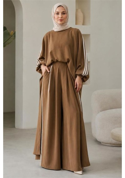 Neşeli Butik Kadın Camel Şerit Detaylı Oversize Tunik Pantolon İkili Tesettür Takım Nms102