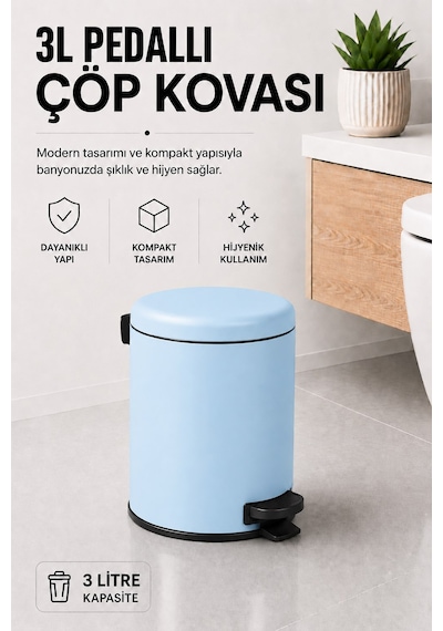 Sas Haus Pedallı Çöp Kovası 3 Litre İç Kovalı Kapaklı Banyo Çöp Kutusu Bebek Mavisi - Elit 7003 Mavi
