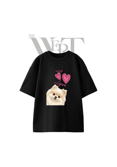 Thewert Pomeranian Love Tasarım Baskılı Ünisex Siyah Oversize T-shirt