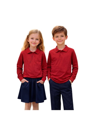 Erdem Kıds Unisex Kız Erkek Çocuk Polo Yaka Pamuklu Uzun Kol Kırmızı Günlük Basic Okul Tişört Kırmızı Kırmızı