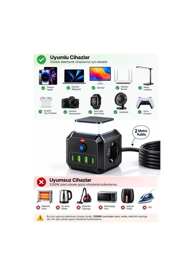 Akım Korumalı 3 Lü Priz 2200w 1050j 10a Gece Lambalı 2 Usb 2 Type-c Şarj Girişli Bsp-4 0