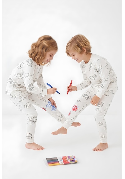Bunny Hopp Çocuk Boyanabilir Uzun Kollu Pijama Takımı %100 Pamuk Yıkanabilir Ve Tekrar Boyanabilir Penye 6'lı Kalem Hediye Beyaz