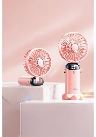 Torima F-19 Pembe Dijital Ekranlı Şarjlı 90 Derece Ayarlanabilir Başlıklı Mini Masa Fan Vantilatör