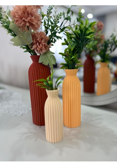 3 Lü Renkli Dekoratif Vazo Seti-şık Ve Estetik -minimalist Vazo Seti-minimal Masa-salon Aksesuarı Kahverengi Krem Şeftali