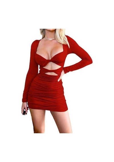 Pink Life Kırmızı Uzun Kollu Hollow Out Dekolteli Bodycon Mini Elbise