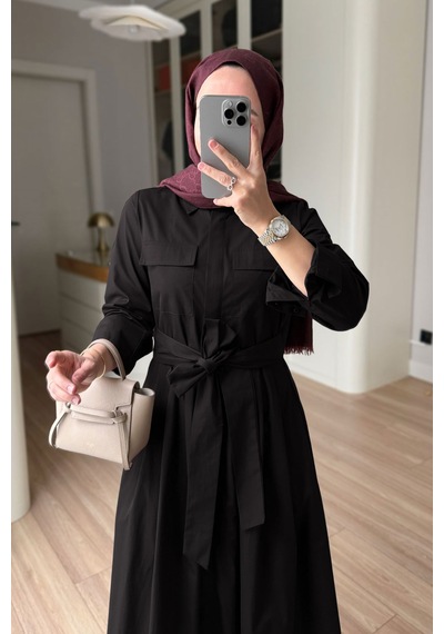 Kahijab Düğmeli Pile Detay Poplin Elbise - Siyah