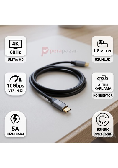 Type-c 3.1 To Mini Displayport Kablo 4k 60hz 1.8m 5a Görüntü Aktarım Destekli Monitör Projeksiyon Kablosu Cn08