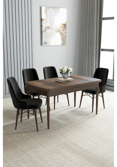 Zümra Serisi, Barok Ahşap Desen 80x132 Açılabilir Mdf Mutfak Masası Takımı 4 Adet Sandalye, Siyah Zümra Serisi, Barok Ahşap Desen 80x132 Açılabilir Mdf Mutfak Masası Takımı 4 Adet Sandalye, Siyah