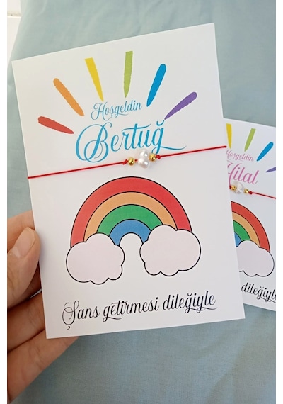 20 Adet Gökkuşağı Kartlı Şans Bilekliği - Bebek Hediyelik - Mevli