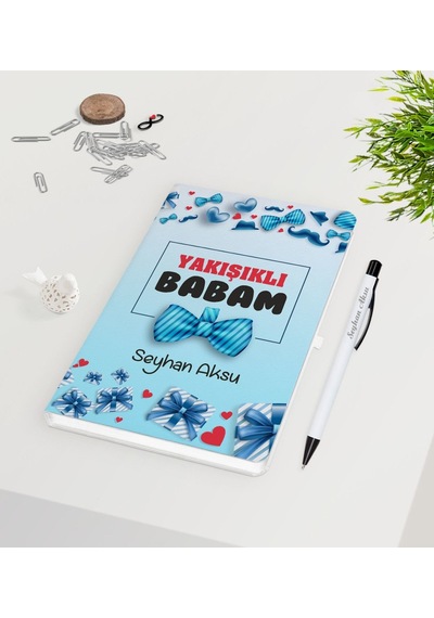 Kişiye Özel Yakışıklı Babam Tasarımlı Beyaz Defter Kalem Seti - M N11.38