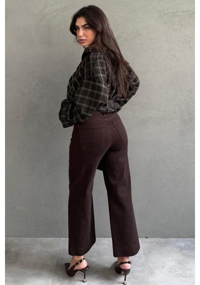 Kahverengi Düz Kesim Geniş Paça Kadın Flared Jean Mg2630 Kahverengi
