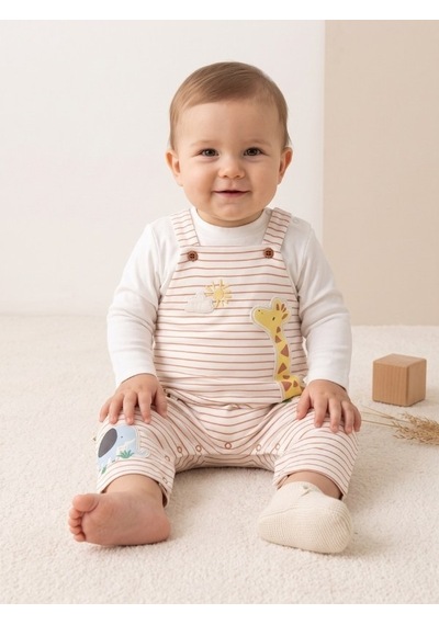 Zekids Erkek Bebek Zürafa Desenli Salopet Ve Uzun Kollu Üst Takım-17511 Çok Renkli