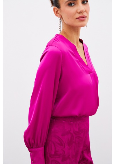 Sateen V Yaka Saten Bluz - Fusya-134905 Fusya Fuşya