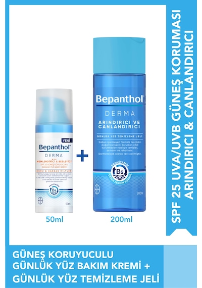 Bepanthol Derma Nemlendirici & Besleyici SPF 25 Günlük Yüz Kremi 50 ML + Derma & Canlandırıcı Günlük Yüz Temizleme Jeli 200 ML