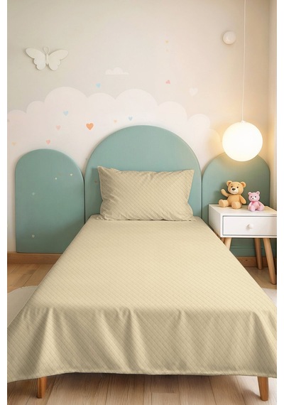 Krem Minimal Genç Odası Tek Kişilik Pike Takımı - Bej Geometrik 160x220 Cm Kapitone Yatak Örtüsü Pamuksu Kireç Gölgeliği