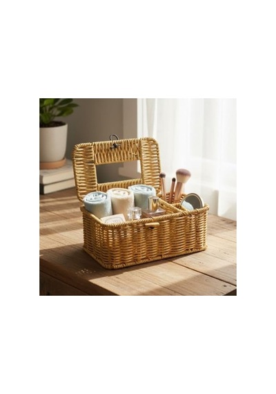 Kapaklı Doğal Rattan Görünümlü Hasır Organizer Sepet, 24x10x10 Cm Açık Ahşap