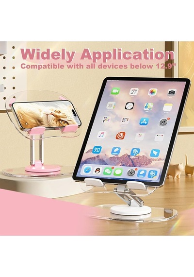 Akrilik Tablet Standı Masaüstü Portatif, Metal Destek Kollu Şeffaf Stand 360 Dönebilen, İpad Pro Air Mini İle Uyumlu