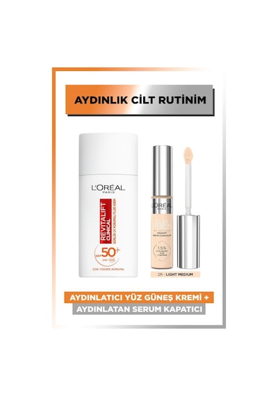 L'Oréal Paris Aydınlatıcı Yüz Güneş Kremi SPF50+ 50 ML + Aydınlatan Serum Kapatıcı 2R Light Medium 11 ML