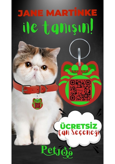 Petjoo 5.Jane Martinke Yeşil-Kırmızı Qr'lı Kedi Künyesi