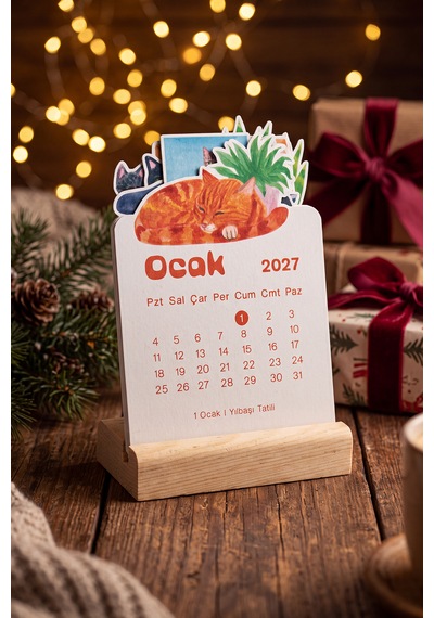 Ahşap Standlı Özel Kesim Kedi Tasarımlı 2027 Masaüstü Takvimi 8,5x12 Cm Çok Renkli